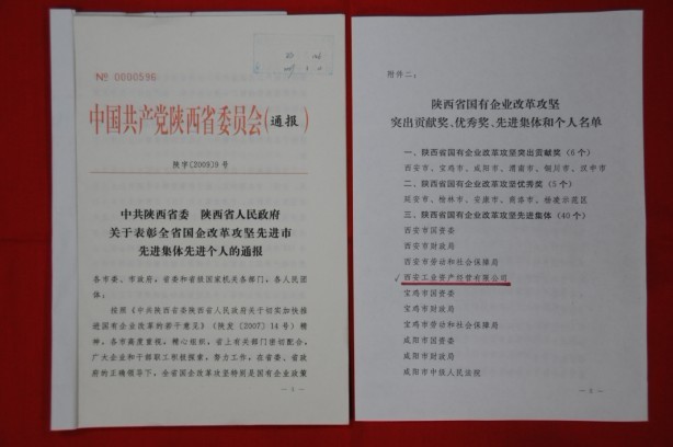 2009年2月，被陕西省委、省政府授予陕西省国有企业改革攻坚先进集体